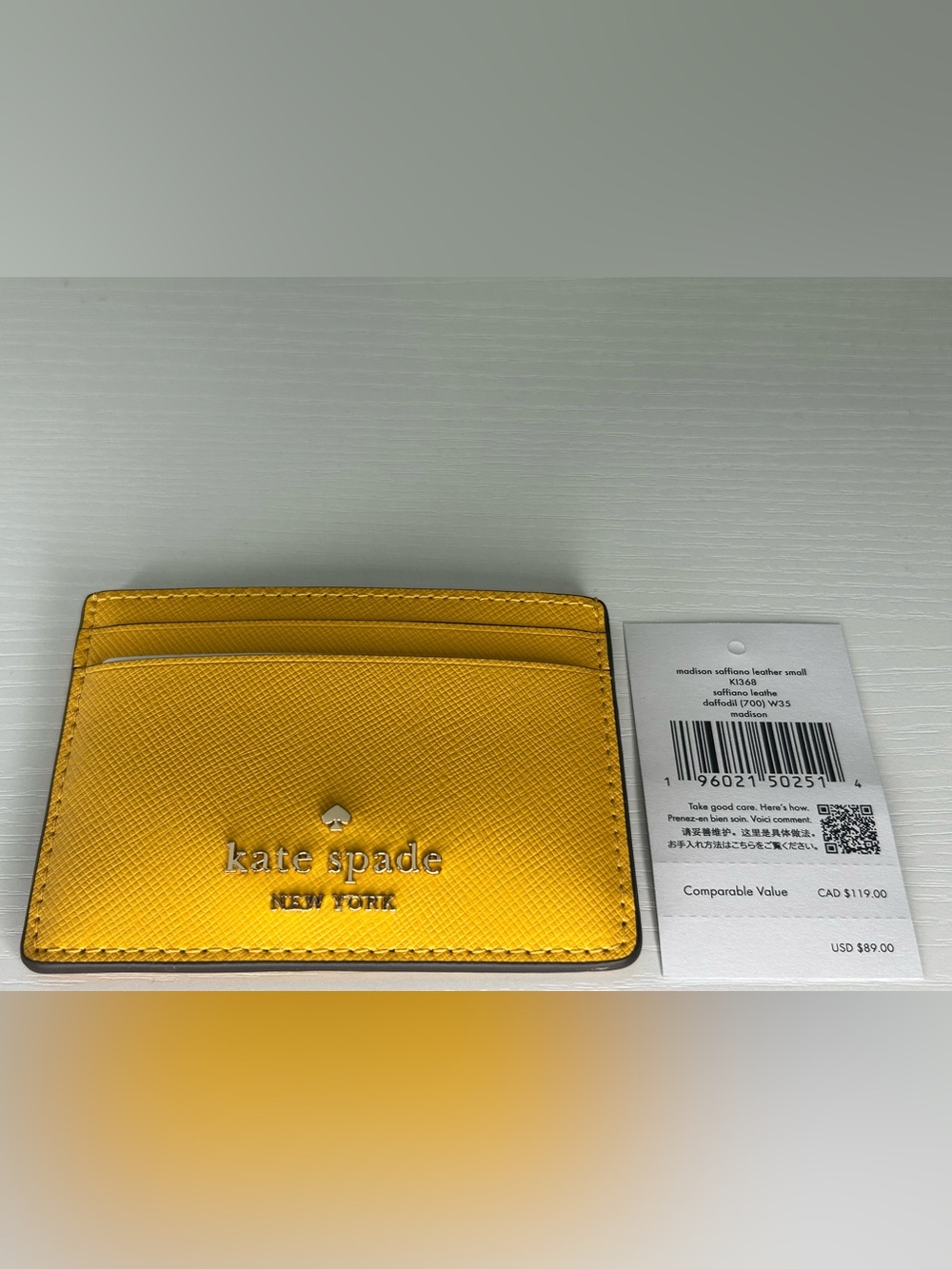 Kate Spade New York bright yellow saffiano leather card holder with silver logo - Picture 2 of 5